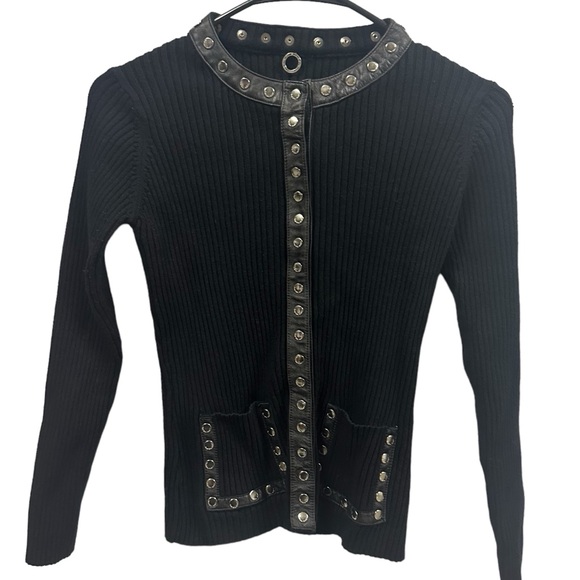 One Girl Who Black Genuine Leather Trim Ribbed Snap Button Up Cardigan Top Small - Picture 6 of 11
